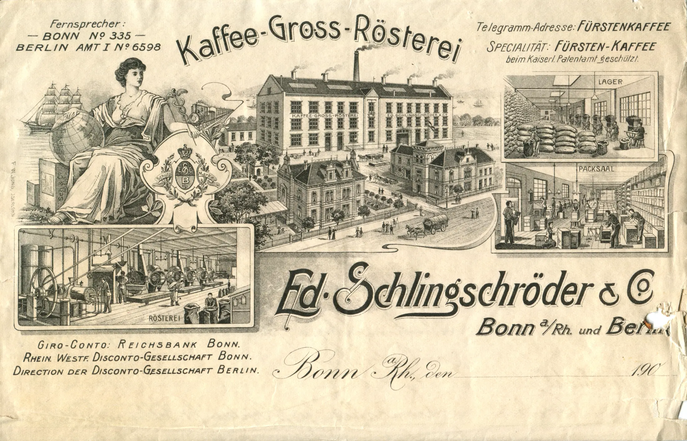 Historischer Briefkopf einer Bonner Kaffee-Großrösterei mit Stadtansicht und Rösterei-Innenraum