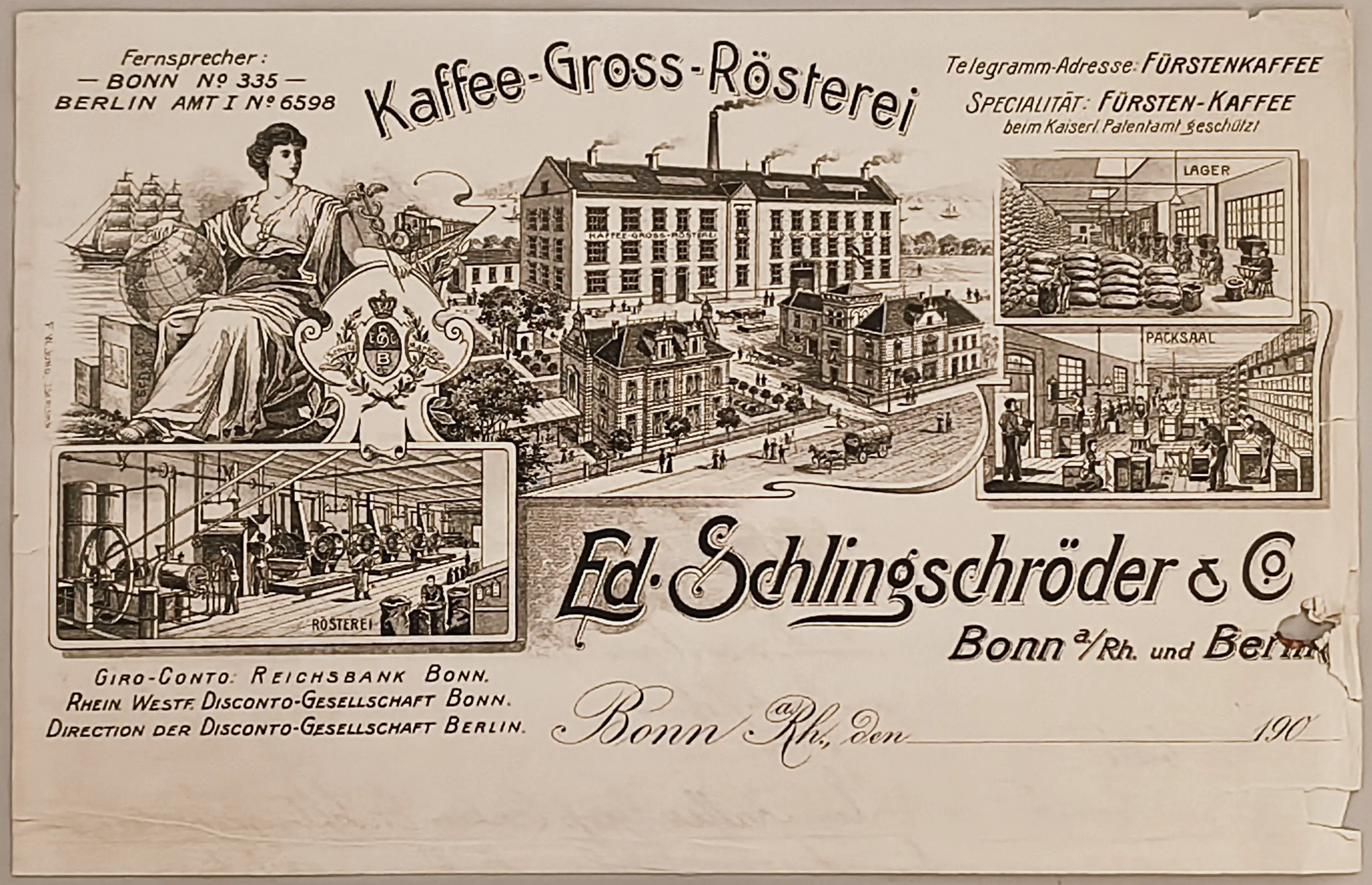 Historischer Briefkopf einer Bonner Kaffee-Großrösterei mit Stadtansicht und Rösterei-Innenraum